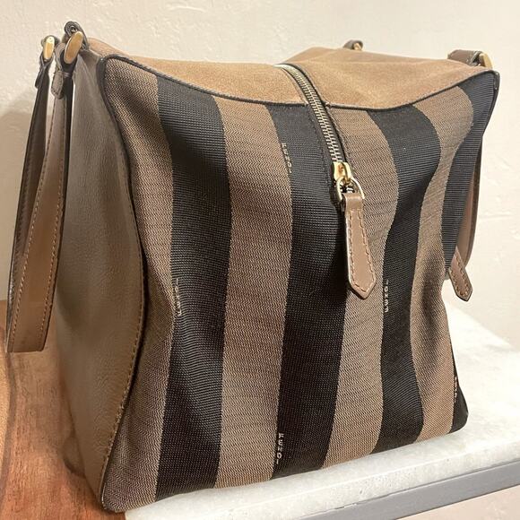 Fendi Foresta Boston Pequin Striped Suede & Leather Box Tote Satchel Bag - Picture 7 of 16